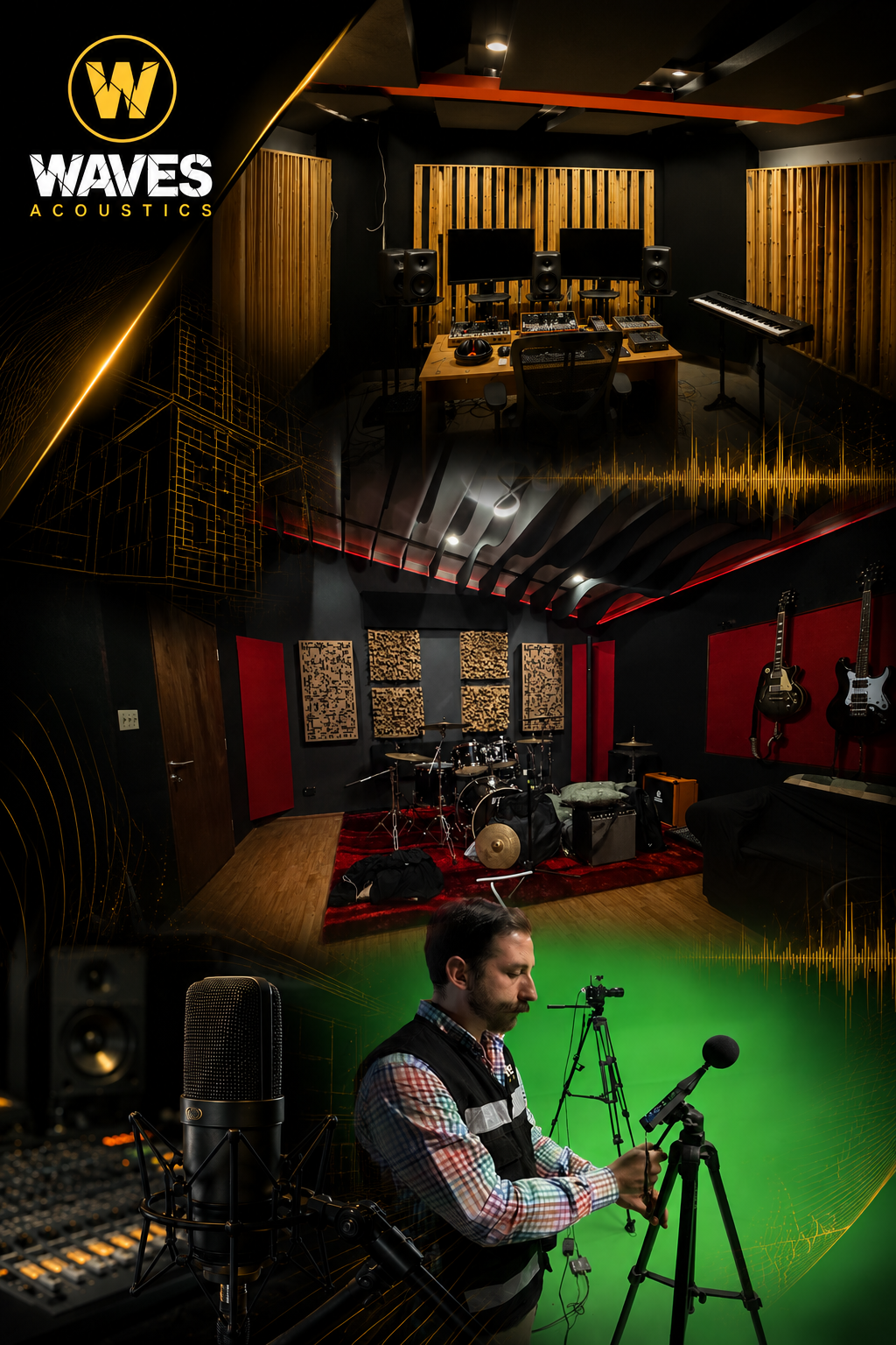 Home studio con micrófono, consola y tratamiento acústico